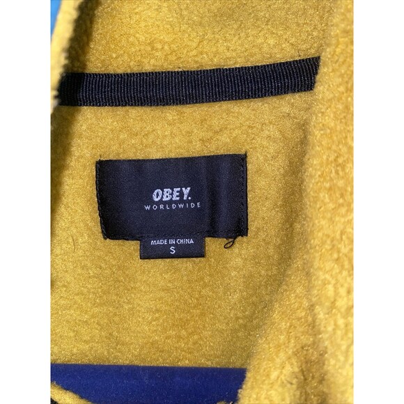 OBEY Men GALLAGHER Fleece Sweater Jacket 3/4 Zip Pockets Bungee Waist Yellow S - Picture 5 of 12